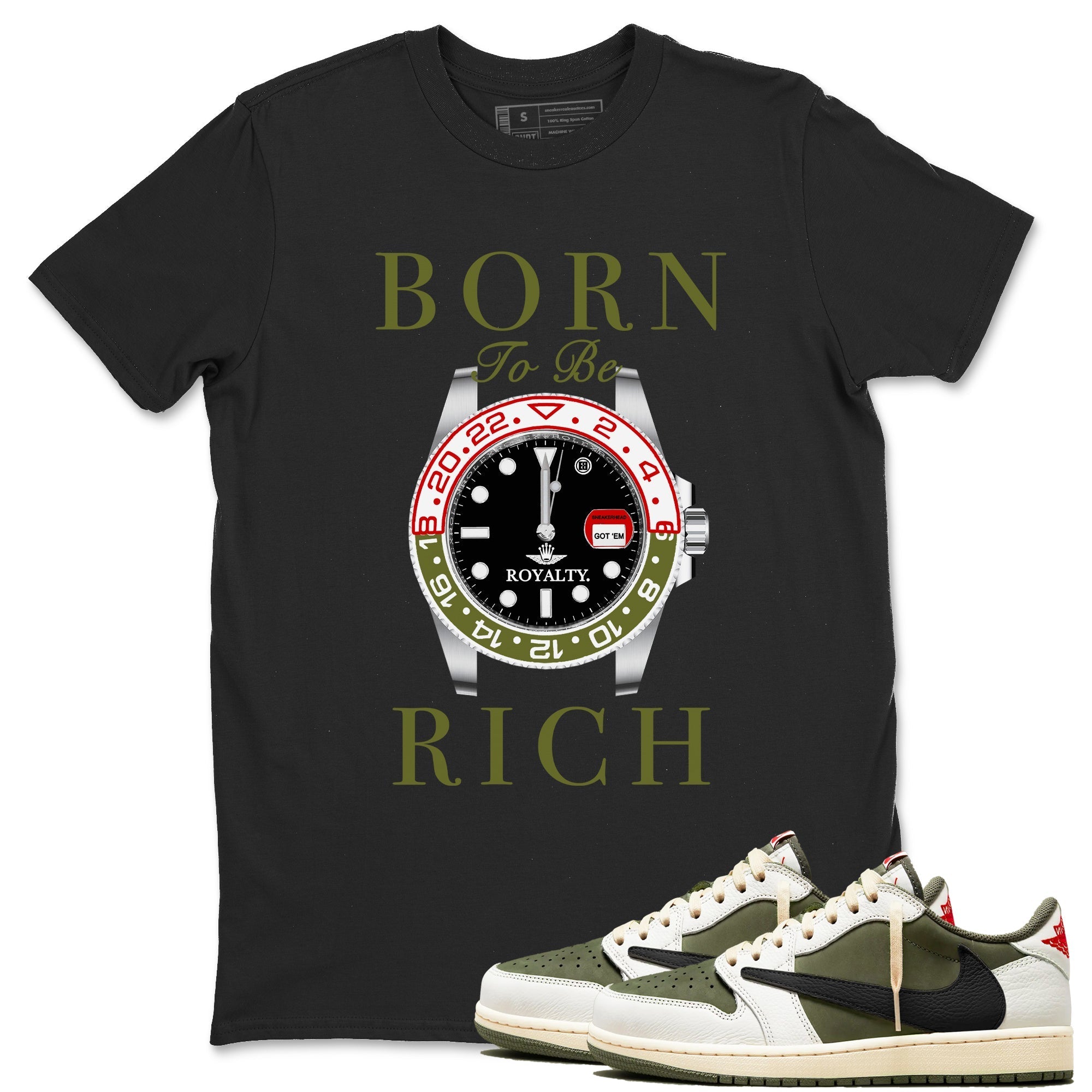 Born To Be Rich Sneaker Tees - Air Jordan 1 Travis Scott Medium Olive