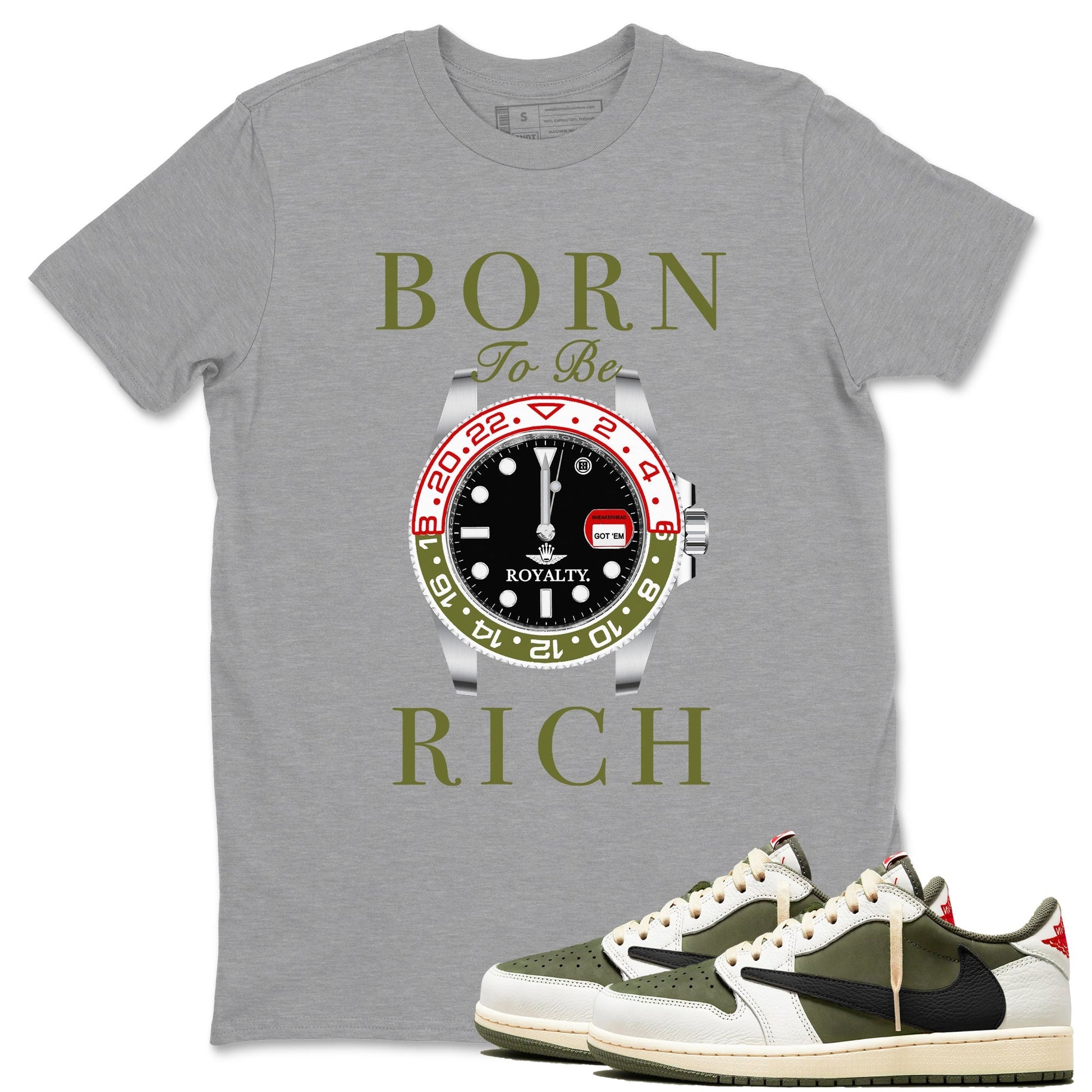 Born To Be Rich Sneaker Tees - Air Jordan 1 Travis Scott Medium Olive