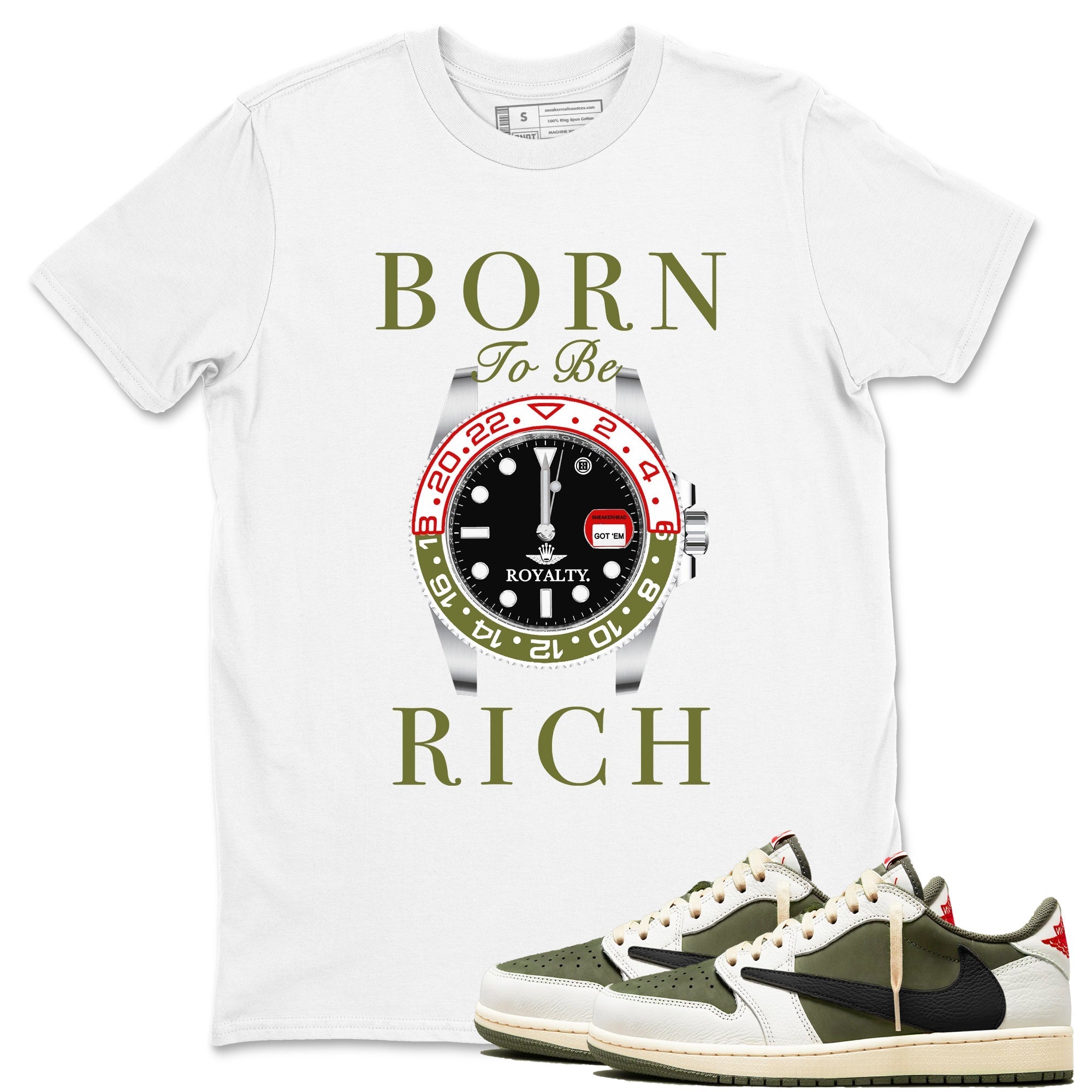 Born To Be Rich Sneaker Tees - Air Jordan 1 Travis Scott Medium Olive