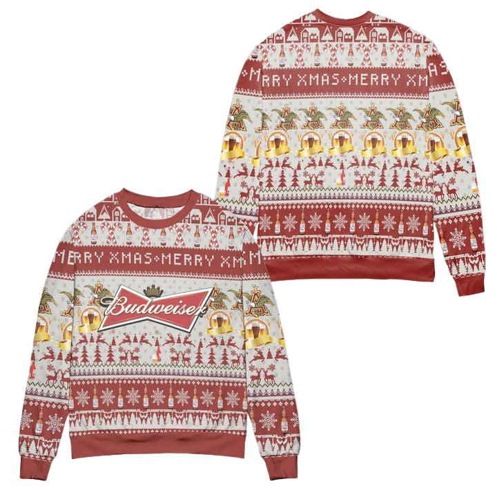 Budweiser Merry Xmas Reindeer Snowflake Pattern Ugly Christmas Sweater ? Usalast