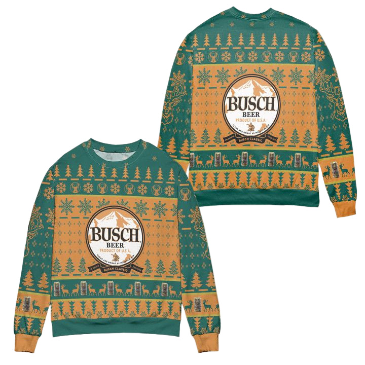 Busch Beer Product Of USA Pine Tree Snowflake Pattern Ugly Christmas Sweater ? Usalast