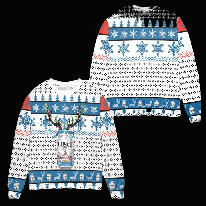 Busch Beer Reindeer Snowflake Pattern Ugly Christmas Sweater ? White ? Usalast