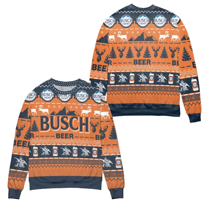 Busch Light Beer Reindeer Pattern Ugly Christmas Sweater ? Blue Orange ? Usalast