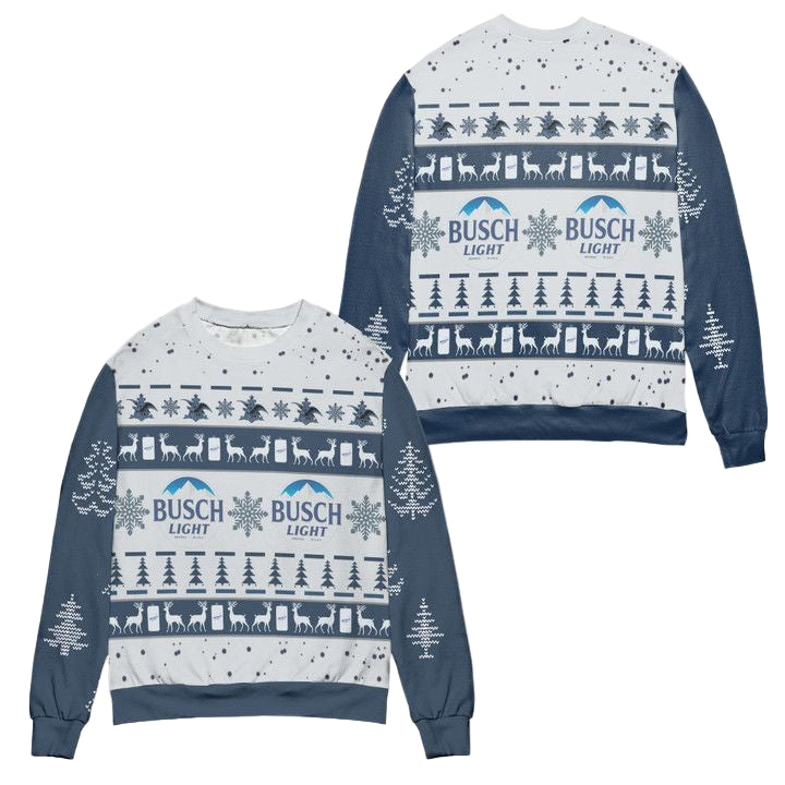 Busch Light Reindeer Pine Tree Pattern Ugly Christmas Sweater ? Blue ? Usalast