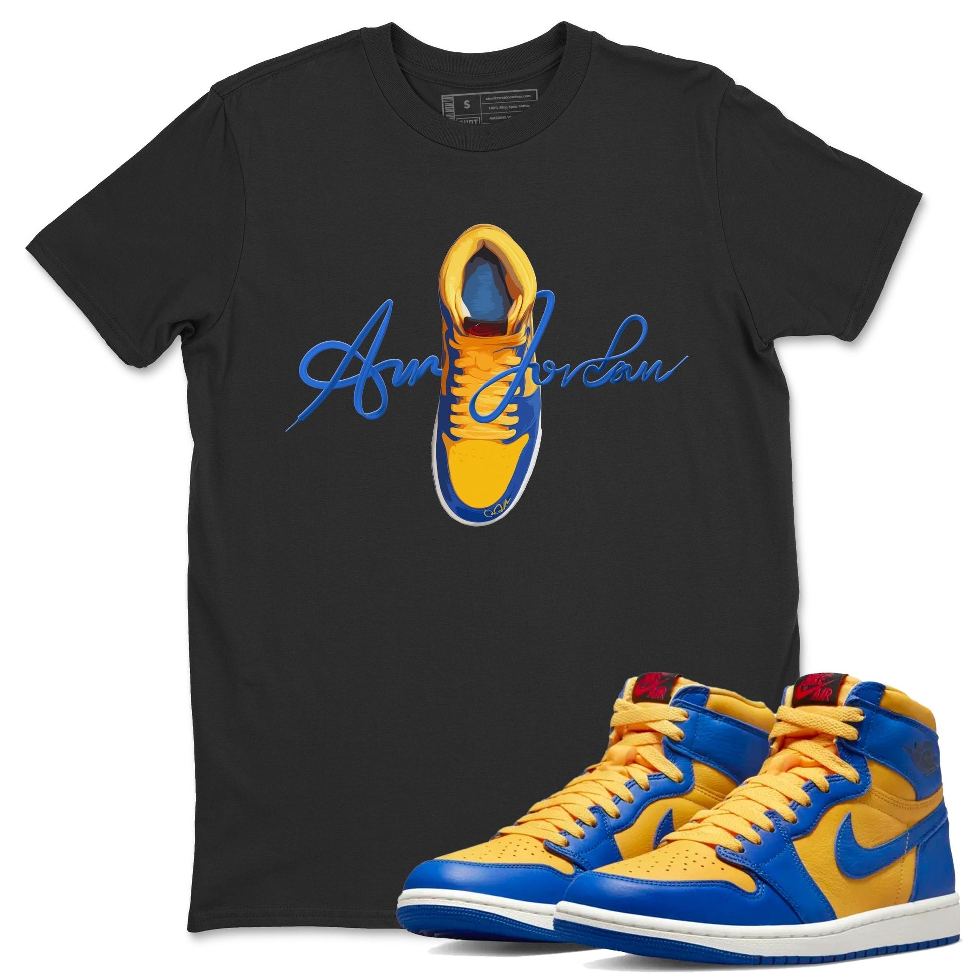 Caligraphy Shoe Lace Unisex Tops - Air Jordan 1 Game Royal Varsity Maize