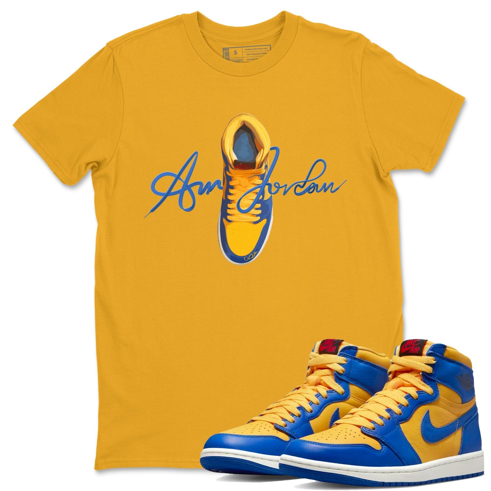 Caligraphy Shoe Lace Unisex Tops - Air Jordan 1 Game Royal Varsity Maize