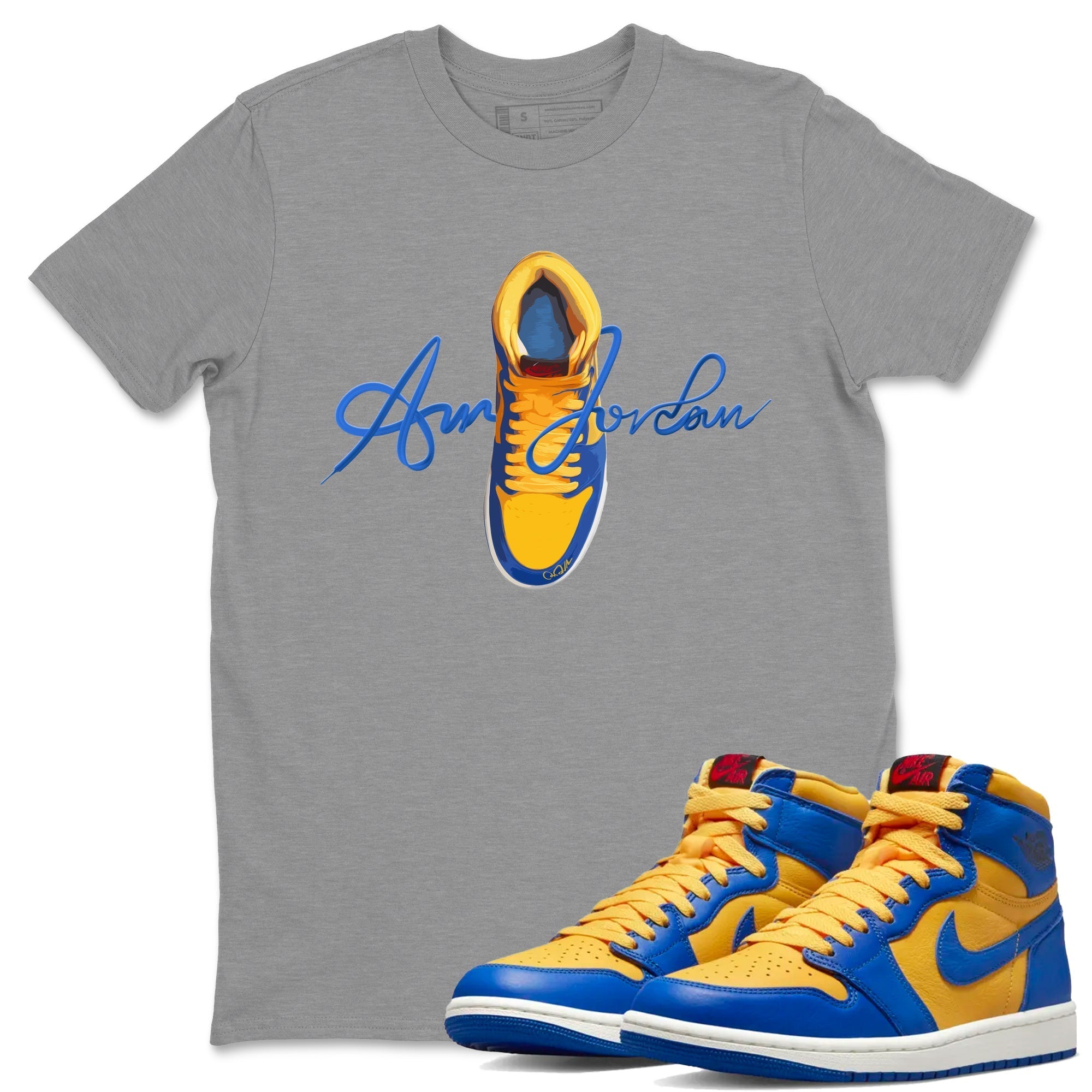 Caligraphy Shoe Lace Unisex Tops - Air Jordan 1 Game Royal Varsity Maize