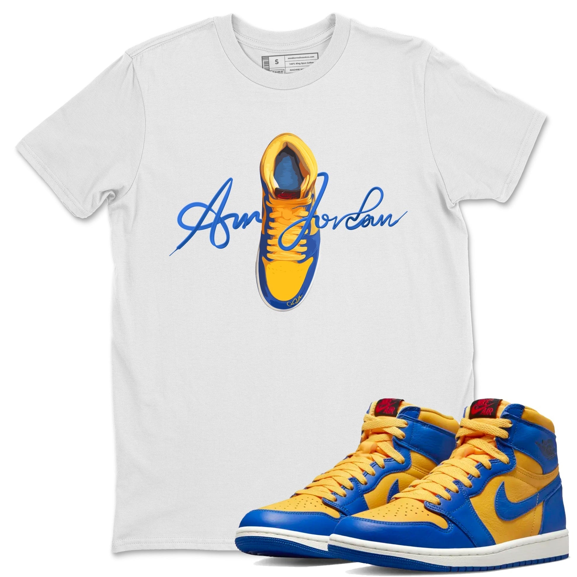 Caligraphy Shoe Lace Unisex Tops - Air Jordan 1 Game Royal Varsity Maize