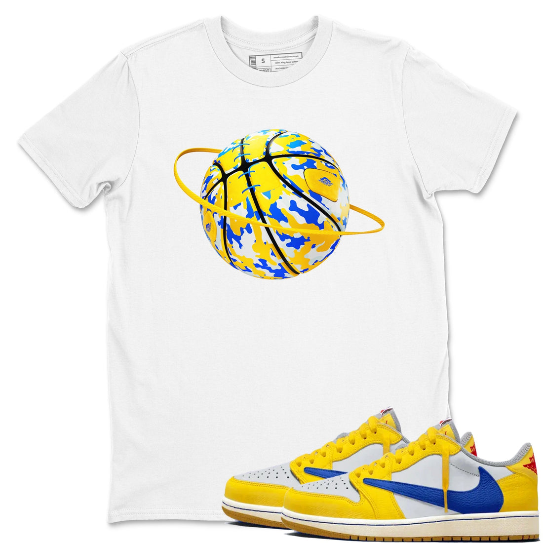 Camo Basketball Planet Sneaker Tees - Air Jordan 1 Travis Scott Canary