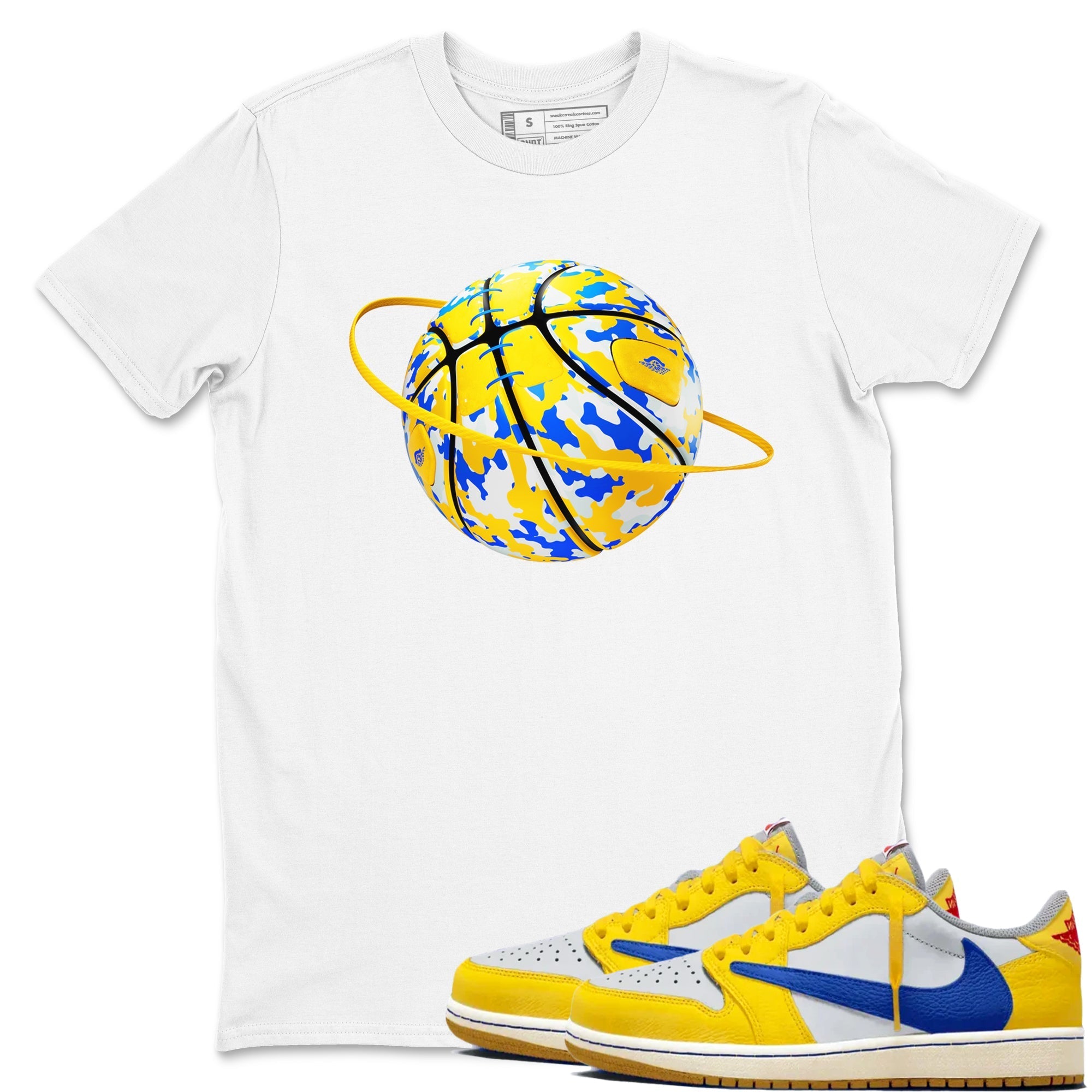 Camo Basketball Planet Sneaker Tees - Air Jordan 1 Travis Scott Canary