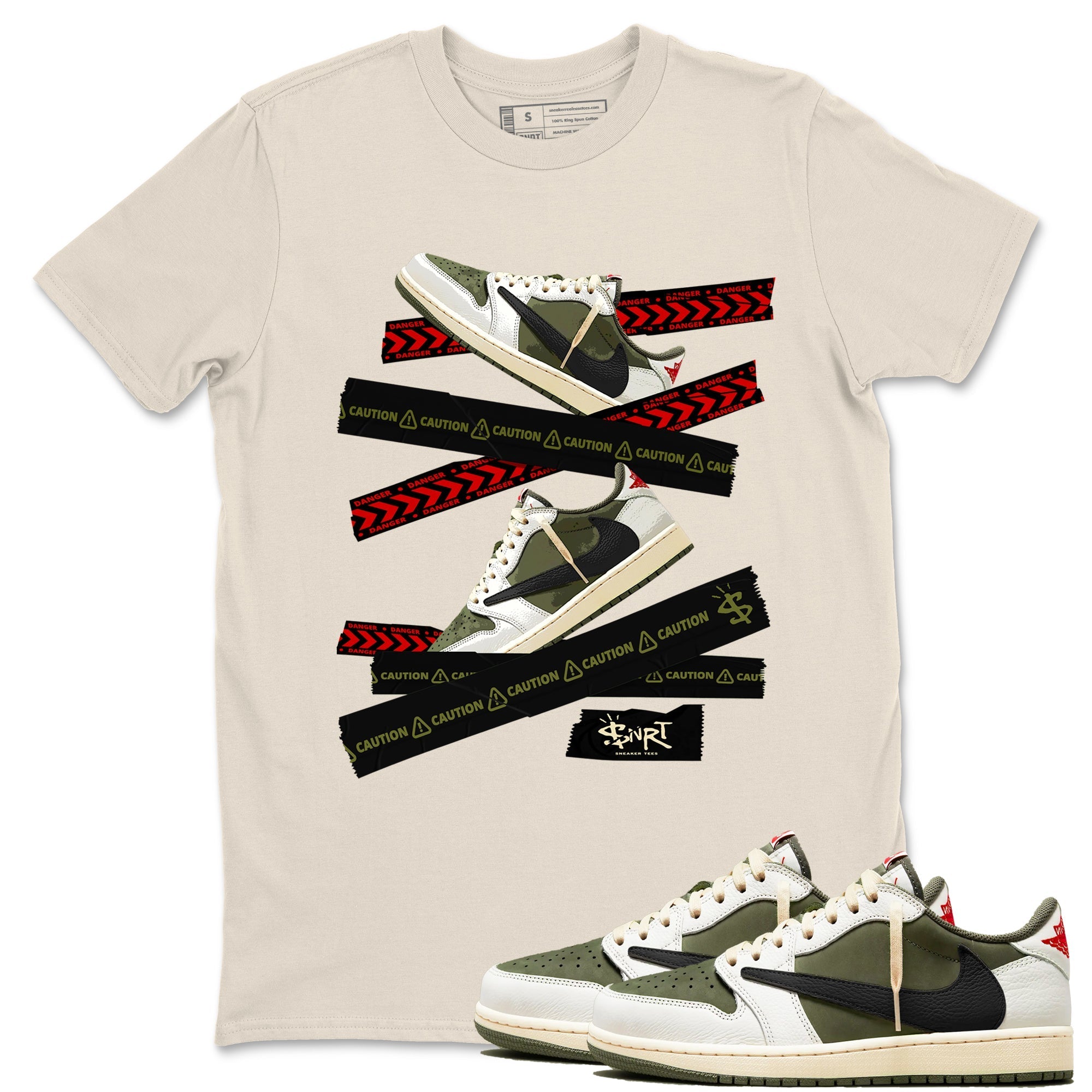 Caution Tape Sneaker Tees - Air Jordan 1 Travis Scott Medium Olive
