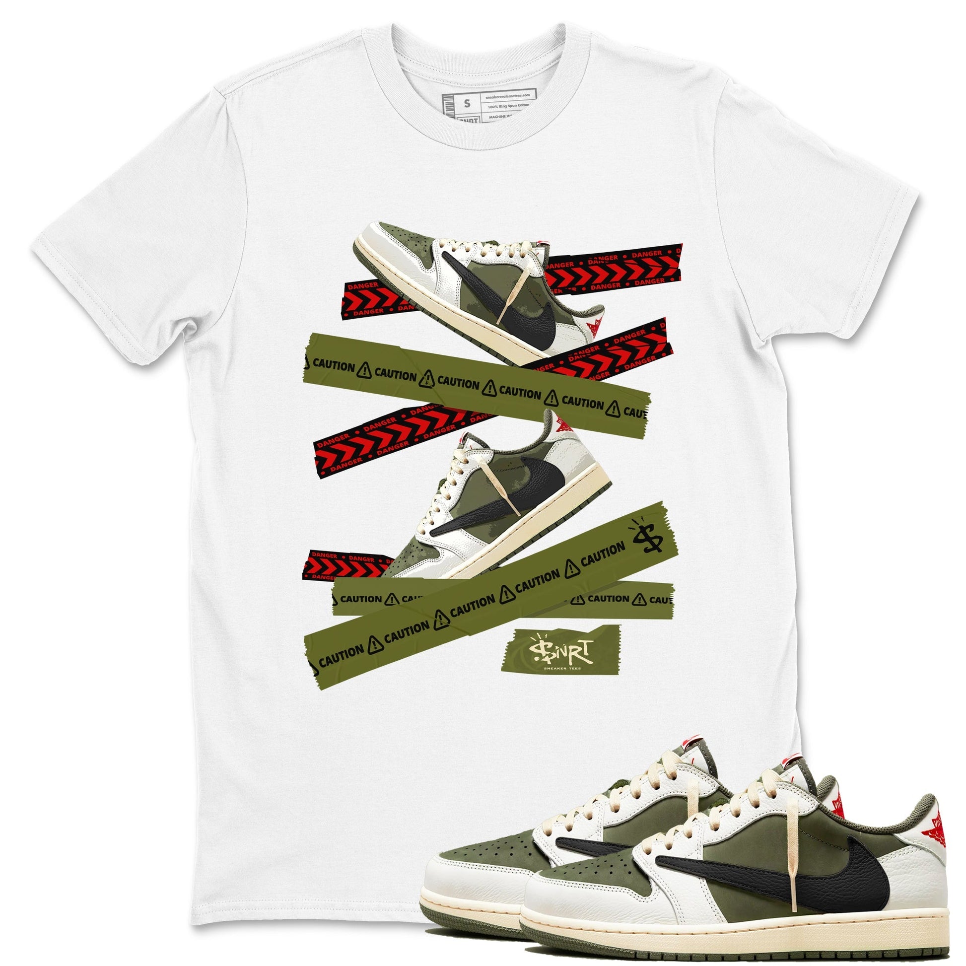Caution Tape Sneaker Tees - Air Jordan 1 Travis Scott Medium Olive