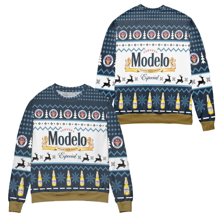 Cerveza Modelo Since 1925 Reindeer Pattern Ugly Christmas Sweater ? White Blue ? Usalast