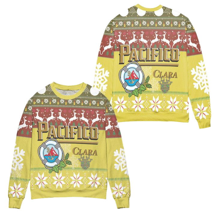 Cerveza Pacifico Clara Snowflake Reindeer Pattern Ugly Christmas Sweater ? Yellow ? Usalast