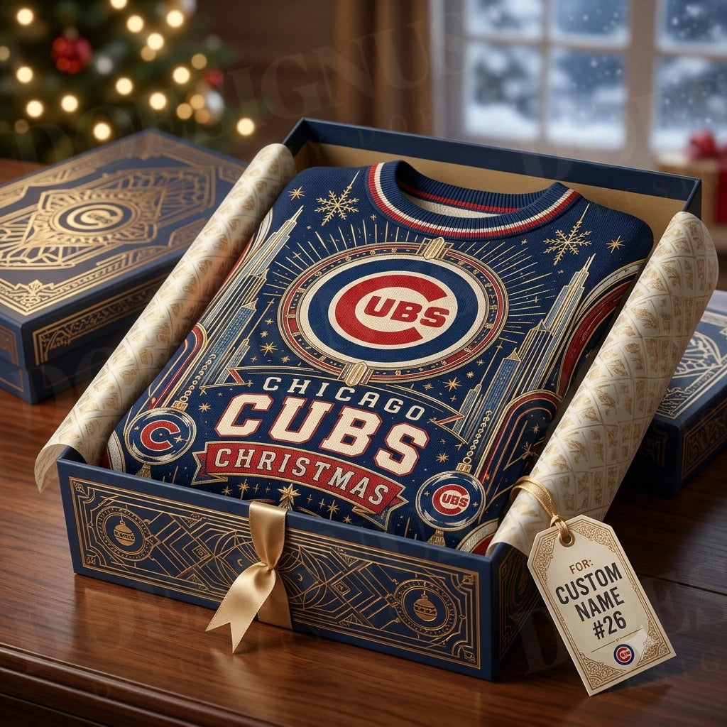 Custom Name And Number Chicago Cubs Christmas Ugly Sweater 2026