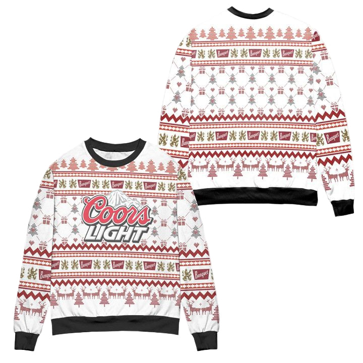Coors Light Reindeer Pine Tree Pattern Ugly Christmas Sweater ? White ? Usalast