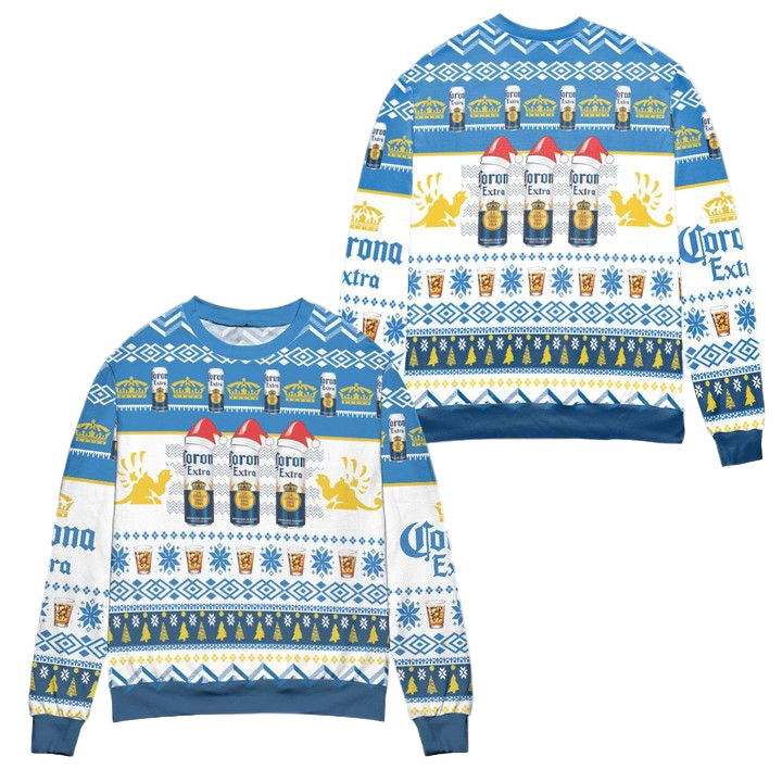 Corona Extra Beer Logo Christmas Pattern Ugly Christmas Sweater ? White Blue ? Usalast