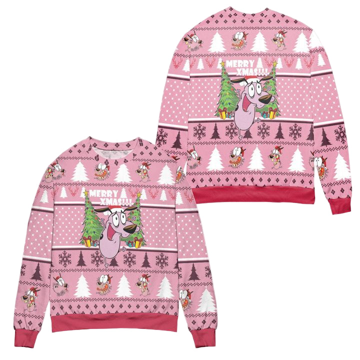 Courage The Cowardly Dog Merry XMas Ugly Christmas Sweater ? Pink ? Usalast