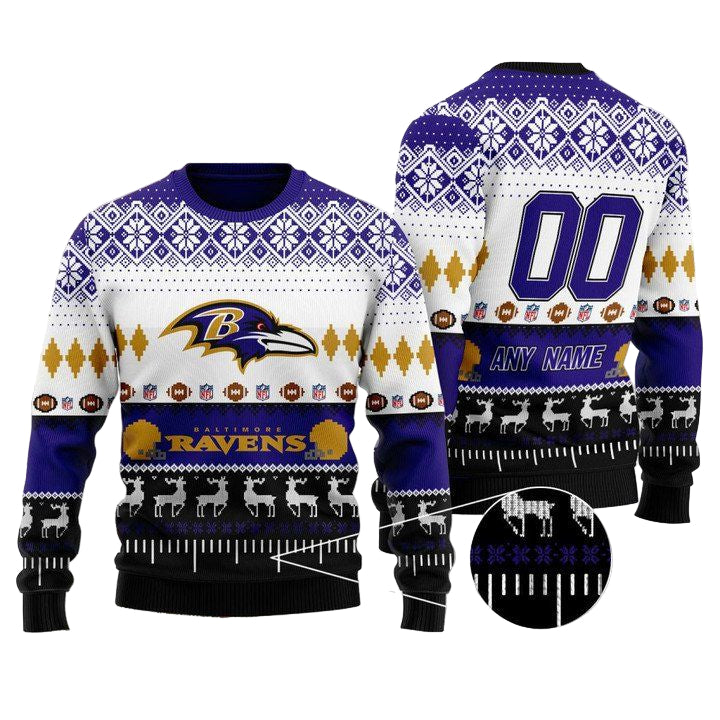 Custom Name Number Nfl Baltimore Ravens Playing Field Ugly Christmas Sweater ? Usalast