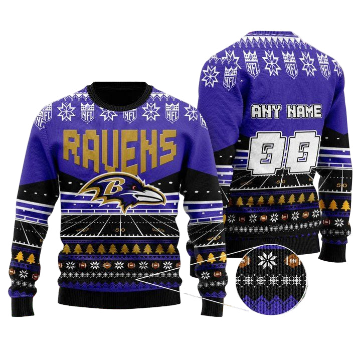 Custom Name Number Nfl Baltimore Ravens Rugby Stadium Ugly Christmas Sweater ? Usalast