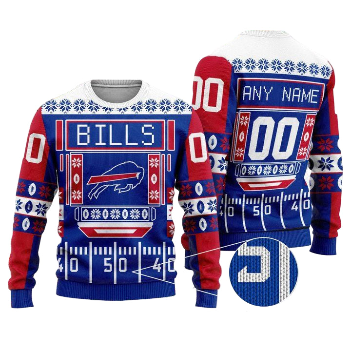 Custom Name Number Nfl Buffalo Bills Playing Field Ugly Christmas Sweater ? Usalast