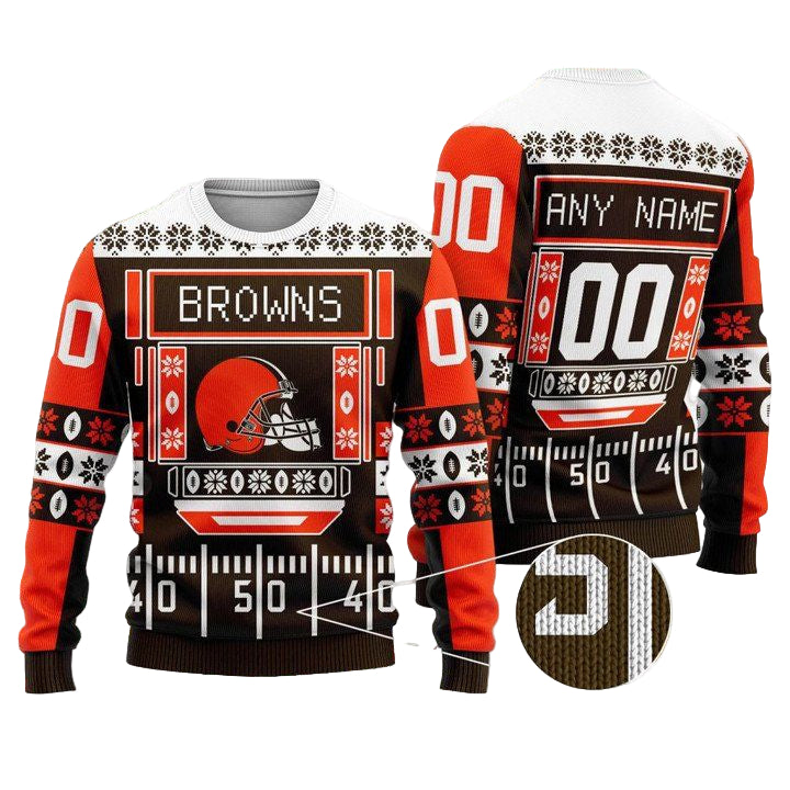 Custom Name Number Nfl Cleveland Browns Playing Field Ugly Christmas Sweater ? Usalast