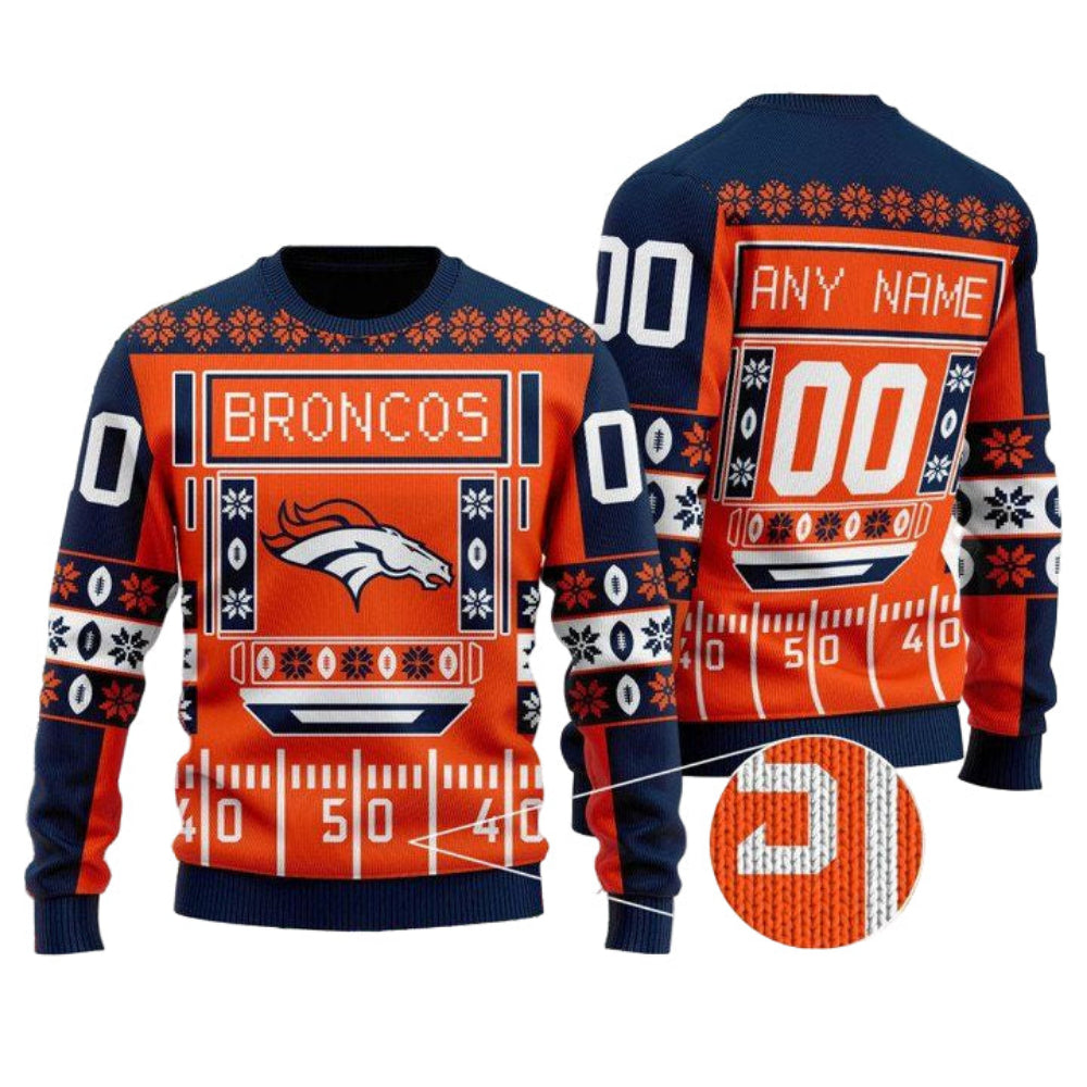 Custom Name Number Nfl Denver Broncos Playing Field Ugly Christmas Sweater ? Usalast