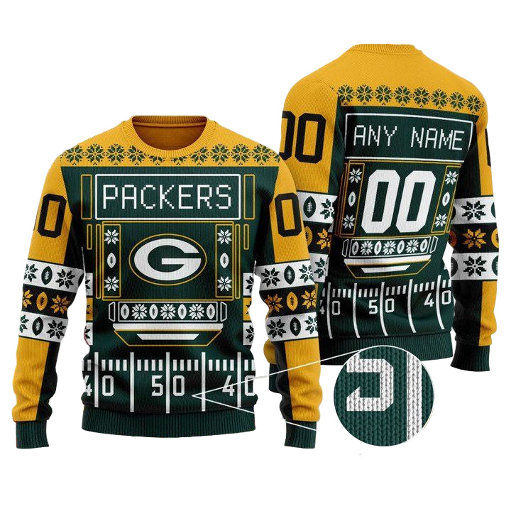 Custom Name Number Nfl Green Bay Packers Playing Field Ugly Christmas Sweater ? Usalast