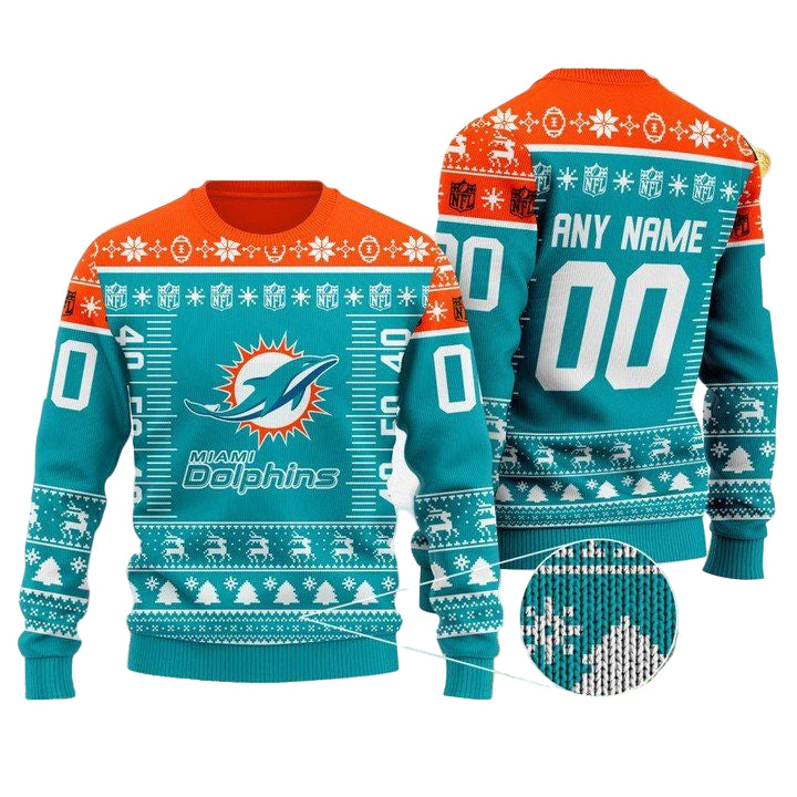 Custom Name Number Nfl Logo Miami Dolphins Ugly Christmas Sweater ? Usalast