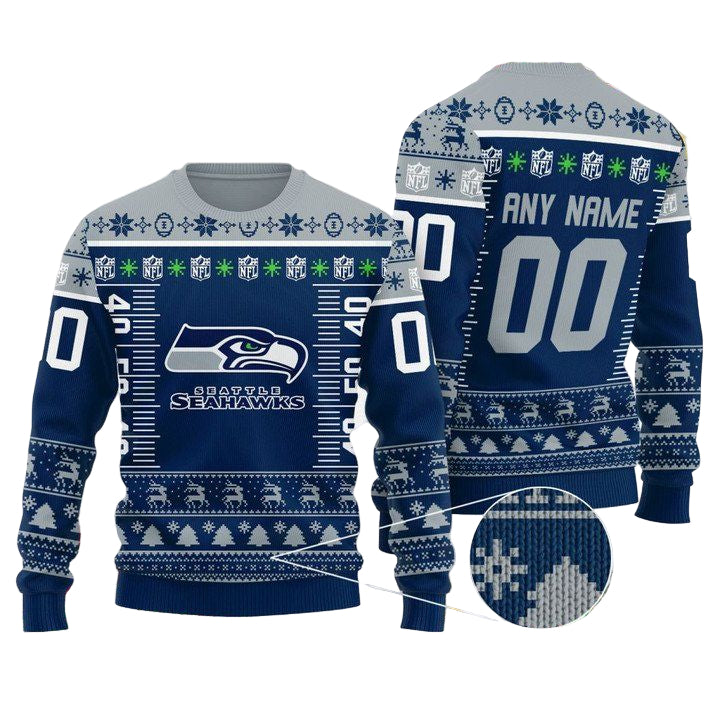 Custom Name Number Nfl Logo Seattle Seahawks Ugly Christmas Sweater ? Usalast