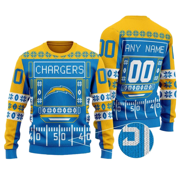 Custom Name Number Nfl Los Angeles Chargers Playing Field Ugly Christmas Sweater ? Usalast