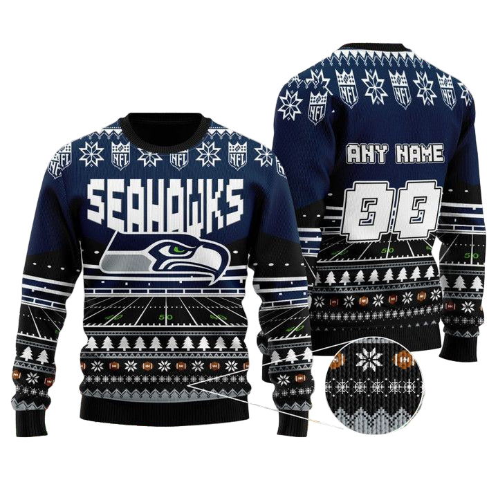 Custom Name Number Nfl Seattle Seahawks Rugby Stadium Ugly Christmas Sweater ? Usalast