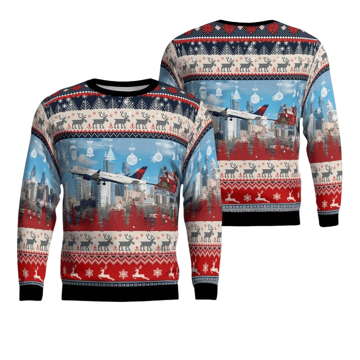 Delta Air Lines Airbus A220-300 With Santa over Philadelphia Christmas AOP Sweater ? Usalast