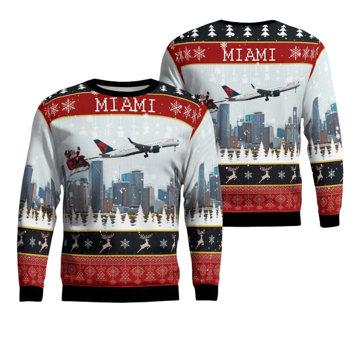 Delta Air Lines Boeing 757-232 With Santa Over Miami Christmas AOP Sweater ? NS31 ? Usalast