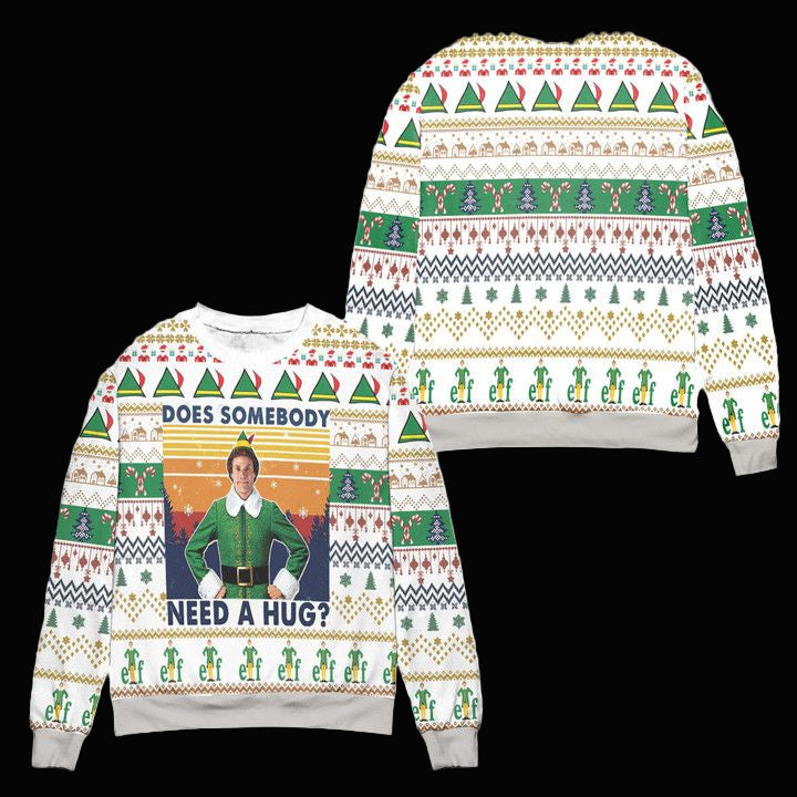 Elf Does Somebody Need A Hug Ugly Christmas Sweater ? White ? Usalast