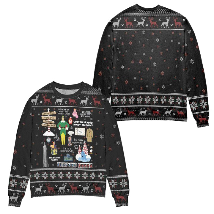 Elf Movie Welcome Santa Snowflake Pattern Ugly Christmas Sweater ? Black ? Usalast