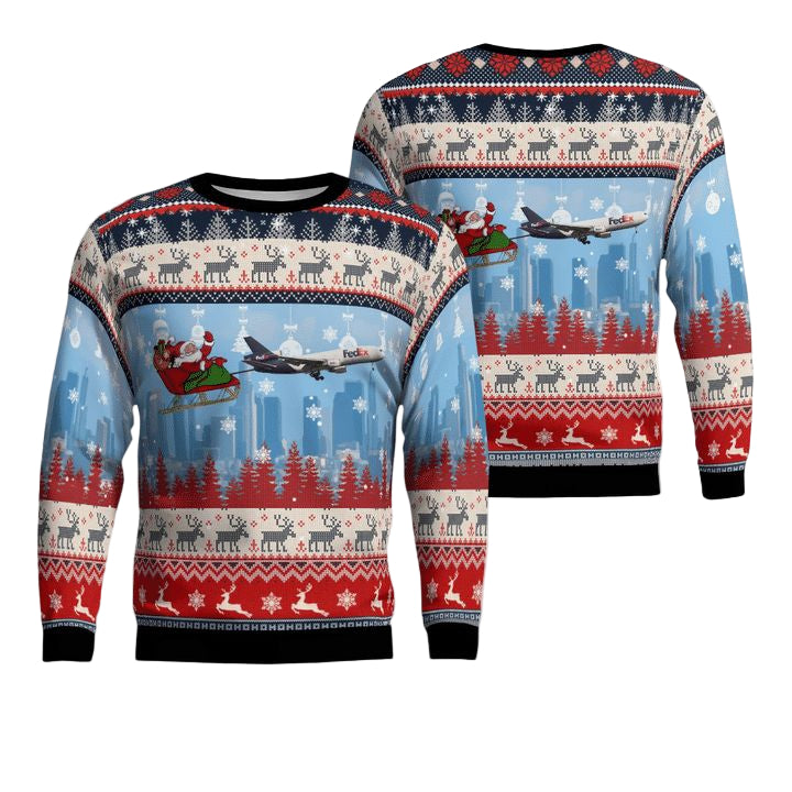 FedEx Express McDonnell Douglas Boeing MD-10-30F With Santa Over Memphis AOP Sweater ? Usalast
