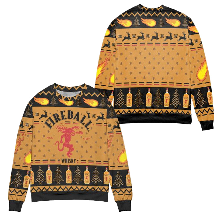 Fireball Red Hot Cinnamon Whiskey Pine Tree Pattern Ugly Christmas Sweater ? Orange ? Usalast