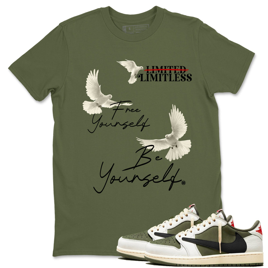 Free Yourself Be Yourself Sneaker Tees - Air Jordan 1 Travis Scott Medium Olive