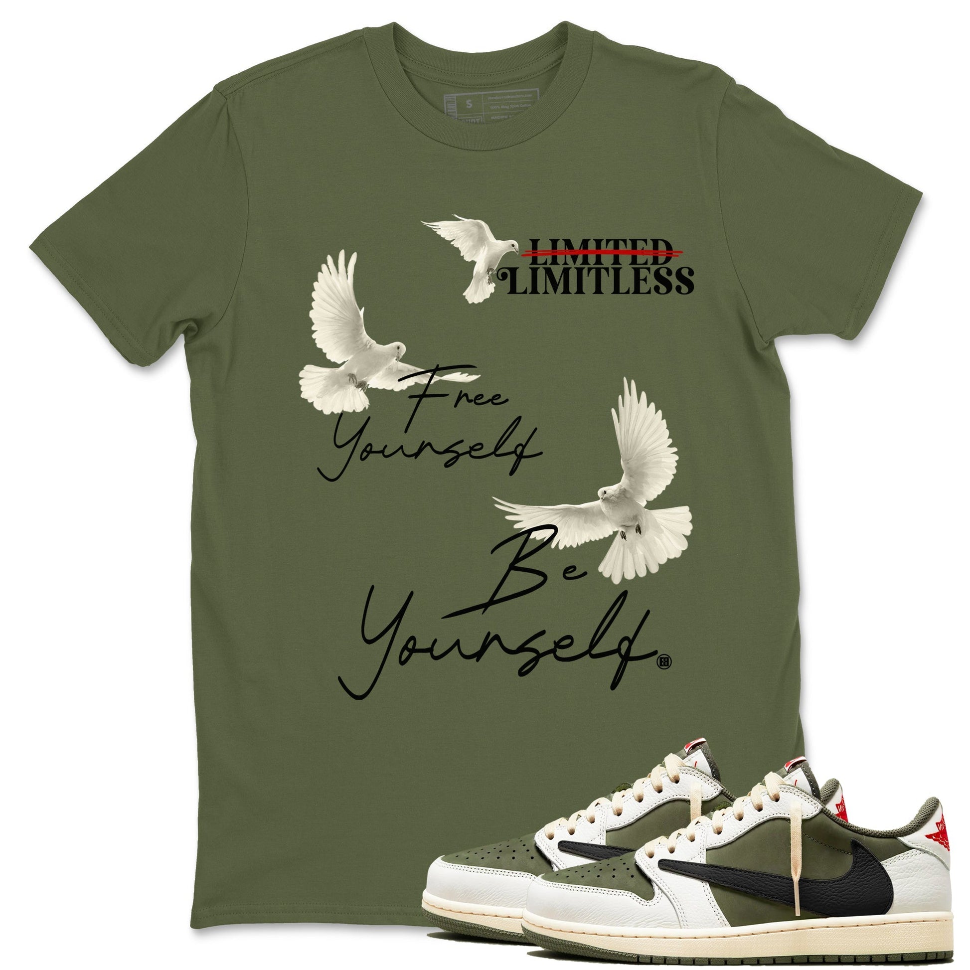 Free Yourself Be Yourself Sneaker Tees - Air Jordan 1 Travis Scott Medium Olive