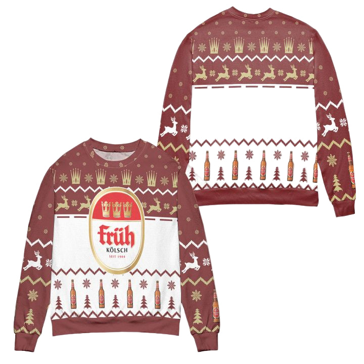 Fruh Kolsch Seit 1904 Reindeer Pine Tree Ugly Christmas Sweater ? Usalast