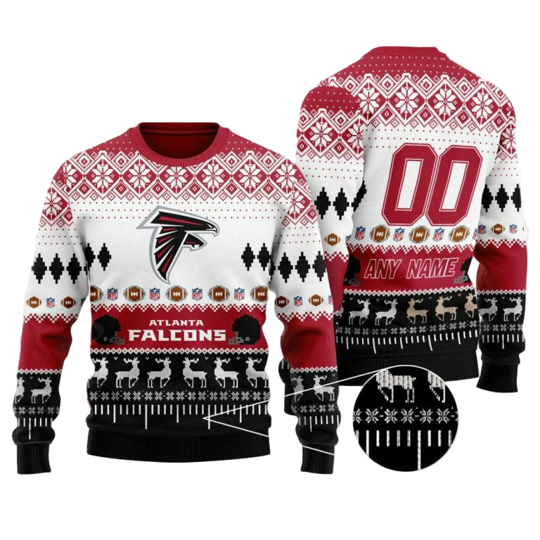 Personalized Ugly Christmas Sweater Atlanta-Falcons, Rise Up Red/Black/White Custom Name Number Gift For Football Fan Ugly Xmas Jumper