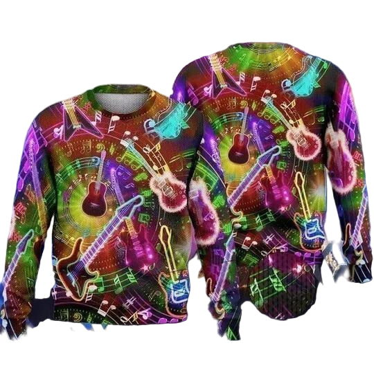 Merry Xmas Colorful Guitar Glowing With Neon Light Ugly Christmas Sweater