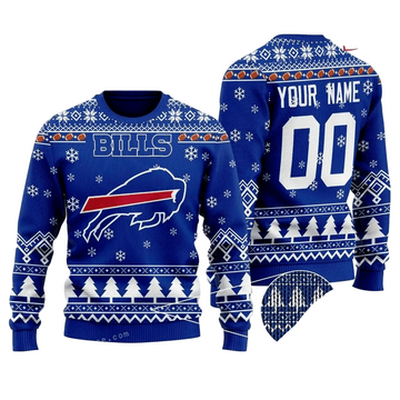 Personalized Ugly Christmas Sweater Buffalo-Bills, Billieve Blue/White Custom Name And Number Gift For Football Fan Ugly Xmas Jumper