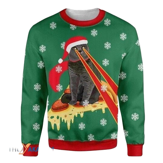 Merry Xmas Cat Lovers Pizza Cat With Laser Eyes With Special Pattern Ugly Christmas Sweater