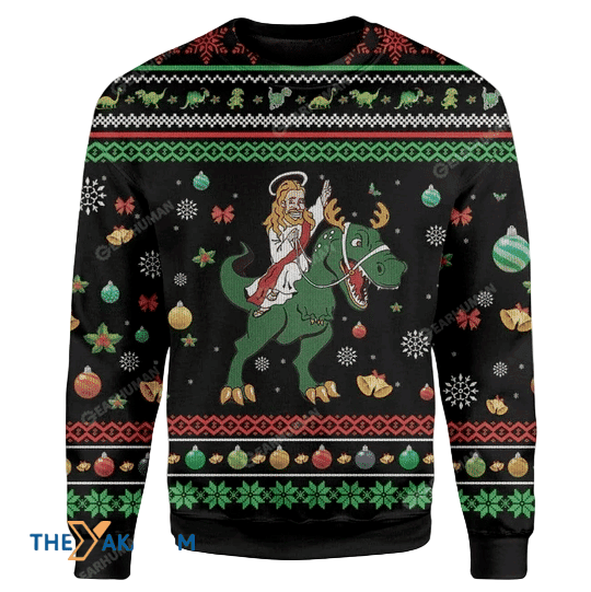 Merry Xmas Jesus Riding A Dinosaur Gift For Christmas Party Ugly Christmas Sweater