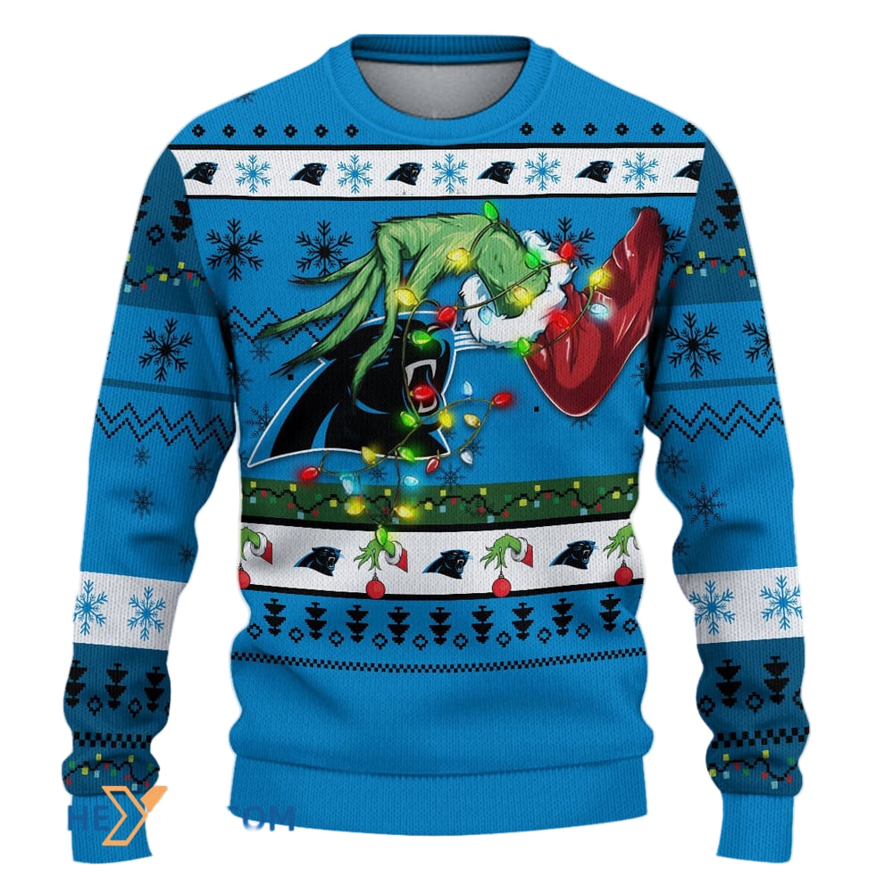 Ugly Christmas Sweater Carolina-Panthers, Keep Pounding Grinch Christmas Snowflakes Navy