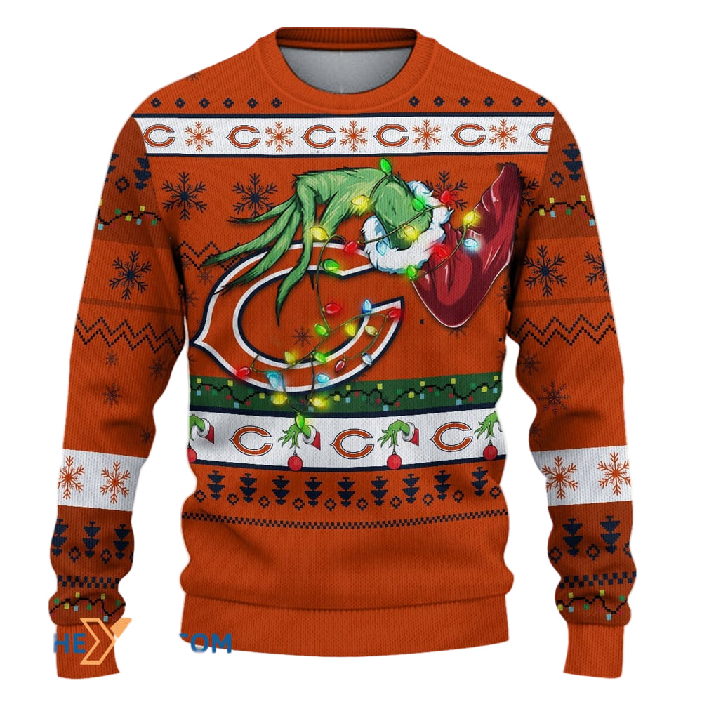 Ugly Christmas Sweater Chicago-Bears, Go Chicago-Bears Grinch Christmas Snowflakes Orange