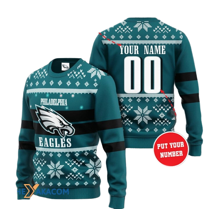 Personalized Ugly Christmas Sweater Philadelphia-Eagles, Fly Eagles FLy Green/Black/White Custom Name And Number Gift For Football Fan Ugly Xmas Jumper