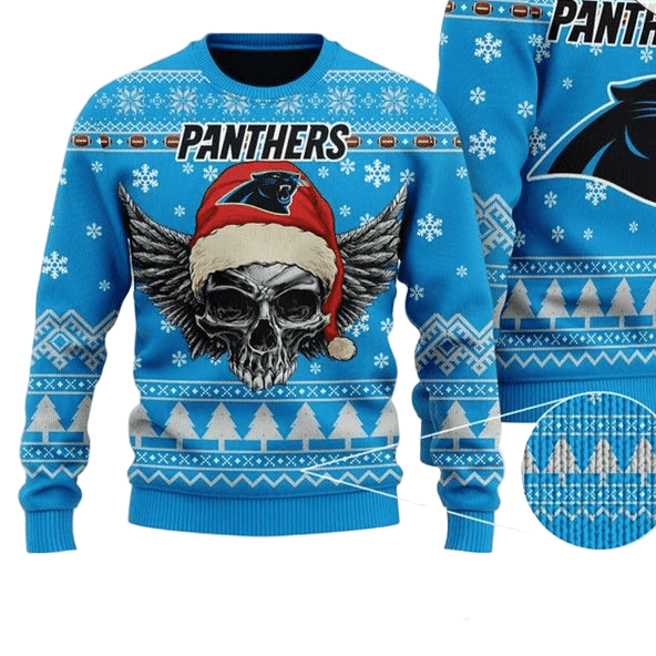 Ugly Christmas Sweater Carolina-Panthers, Skull Blue/Black